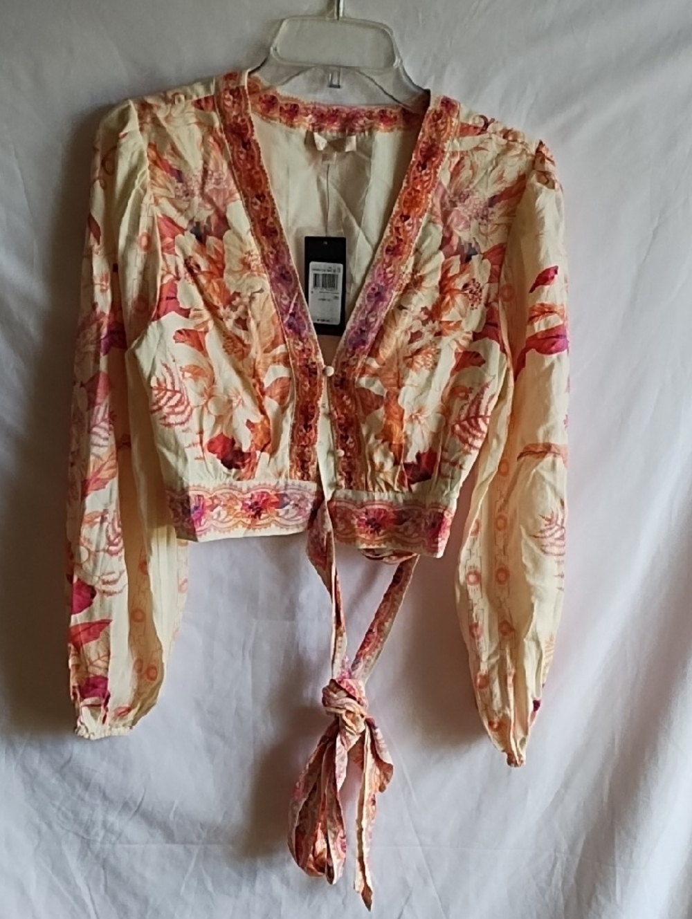 Guess Cream Floral Tie-Front Blouse with Coral and Pink Accents